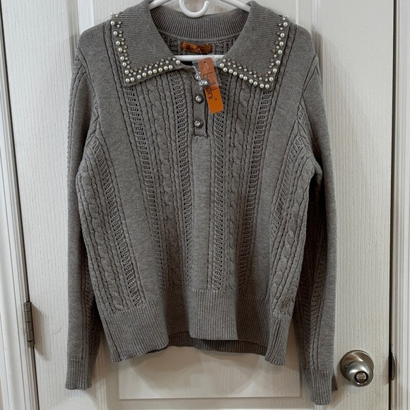 Belldini Tops - NWT Belldini Pearl and Rhinestone Grey Gray Sweater Top Bling